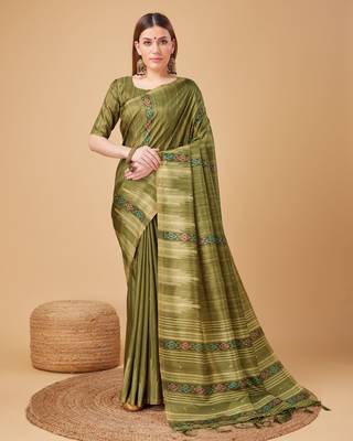 Mehendi Ikat Silk Self Design With Golden Border Saree For Women With Blouse Piece 1