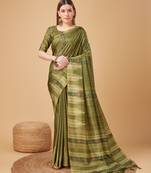 Mehendi Ikat Silk Self Design With Golden Border Saree For Women With Blouse Piece