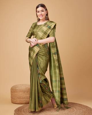 Mehendi Ikat Silk Self Design With Golden Border Saree For Women With Blouse Piece 2