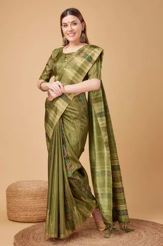 Mehendi Ikat Silk Self Design With Golden Border Saree For Women With Blouse Piece