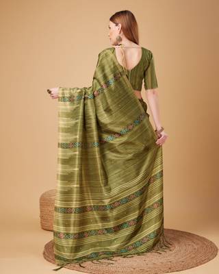 Mehendi Ikat Silk Self Design With Golden Border Saree For Women With Blouse Piece 3