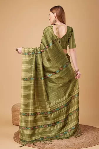 Mehendi Ikat Silk Self Design With Golden Border Saree For Women With Blouse Piece