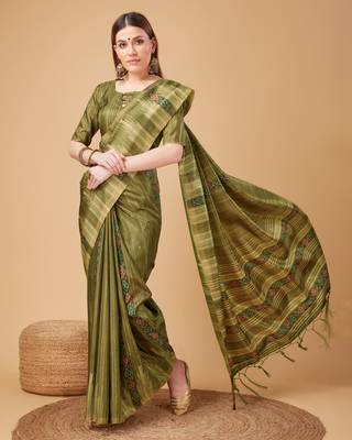 Mehendi Ikat Silk Self Design With Golden Border Saree For Women With Blouse Piece 4
