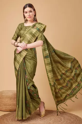 Mehendi Ikat Silk Self Design With Golden Border Saree For Women With Blouse Piece