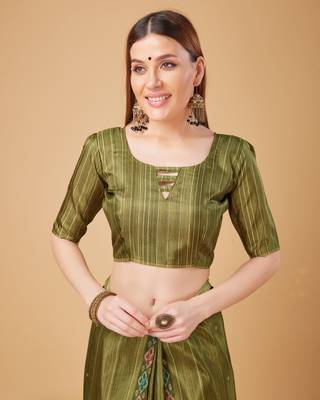 Mehendi Ikat Silk Self Design With Golden Border Saree For Women With Blouse Piece 5