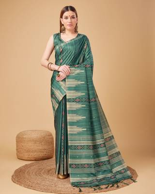Green Ikat Silk Self Design With Golden Border Saree For Women With Blouse Piece 1