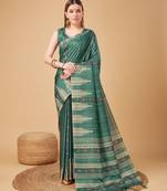Green Ikat Silk Self Design With Golden Border Saree For Women With Blouse Piece