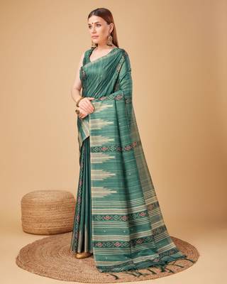 Green Ikat Silk Self Design With Golden Border Saree For Women With Blouse Piece 2