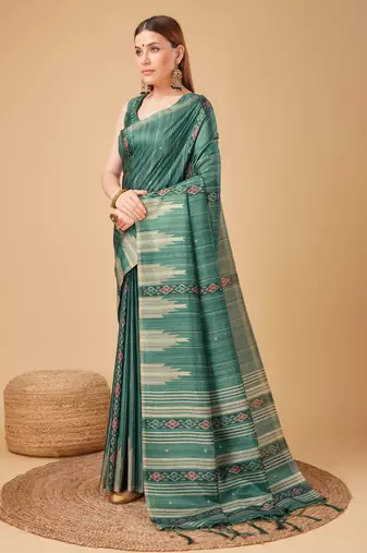 Green Ikat Silk Self Design With Golden Border Saree For Women With Blouse Piece