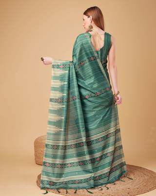 Green Ikat Silk Self Design With Golden Border Saree For Women With Blouse Piece 3