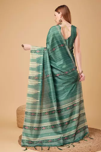 Green Ikat Silk Self Design With Golden Border Saree For Women With Blouse Piece