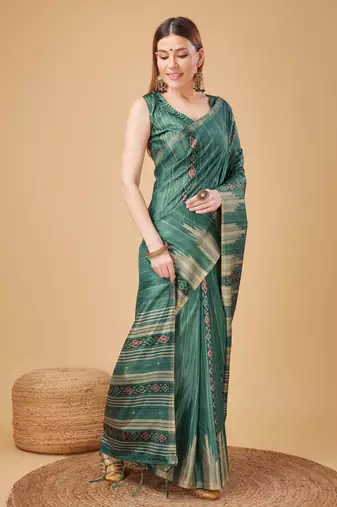 Green Ikat Silk Self Design With Golden Border Saree For Women With Blouse Piece