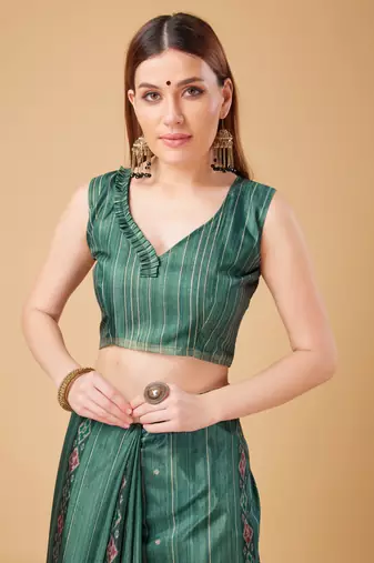 Green Ikat Silk Self Design With Golden Border Saree For Women With Blouse Piece