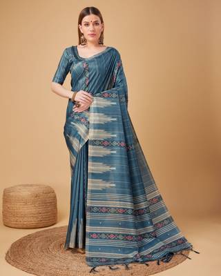 Blue Ikat Silk Self Design With Golden Border Saree For Women With Blouse Piece 1