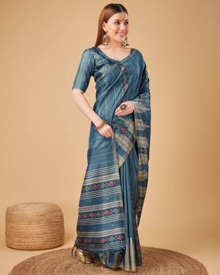 Blue Ikat Silk Self Design With Golden Border Saree For Women With Blouse Piece 2