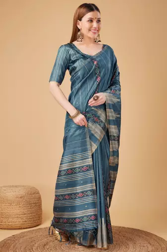 Blue Ikat Silk Self Design With Golden Border Saree For Women With Blouse Piece