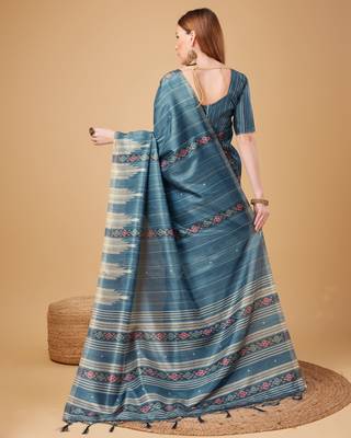 Blue Ikat Silk Self Design With Golden Border Saree For Women With Blouse Piece 3