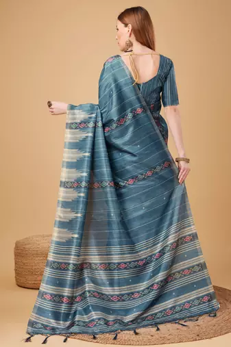 Blue Ikat Silk Self Design With Golden Border Saree For Women With Blouse Piece