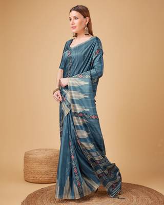 Blue Ikat Silk Self Design With Golden Border Saree For Women With Blouse Piece 4