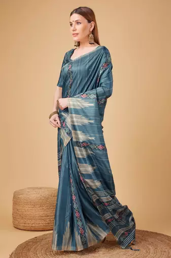 Blue Ikat Silk Self Design With Golden Border Saree For Women With Blouse Piece