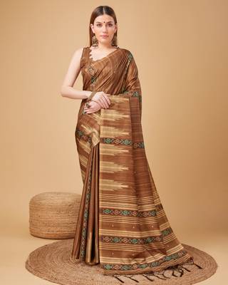 Brown Ikat Silk Self Design With Golden Border Saree For Women With Blouse Piece 1