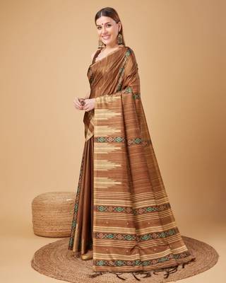 Brown Ikat Silk Self Design With Golden Border Saree For Women With Blouse Piece 2