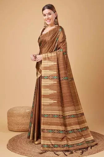Brown Ikat Silk Self Design With Golden Border Saree For Women With Blouse Piece