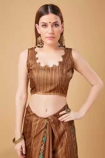 Brown Ikat Silk Self Design With Golden Border Saree For Women With Blouse Piece