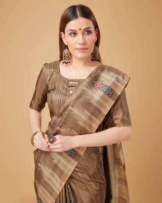 Brown Ikat Silk Self Design With Golden Border Saree For Women With Blouse Piece 4