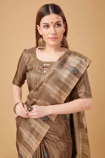 Brown Ikat Silk Self Design With Golden Border Saree For Women With Blouse Piece