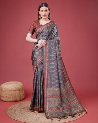 Grey Ikat Silk Self Design With Golden Border Saree For Women With Blouse Piece 1