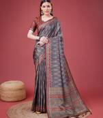 Grey Ikat Silk Self Design With Golden Border Saree For Women With Blouse Piece