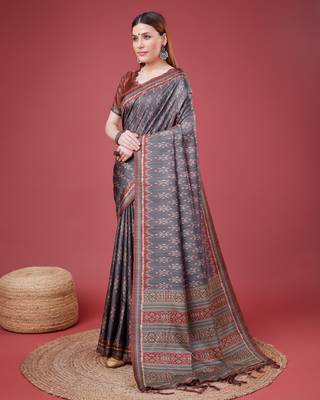 Grey Ikat Silk Self Design With Golden Border Saree For Women With Blouse Piece 2