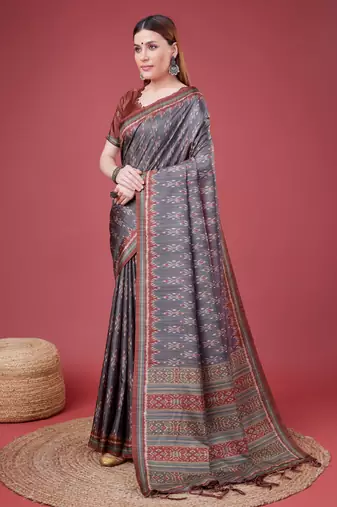 Grey Ikat Silk Self Design With Golden Border Saree For Women With Blouse Piece