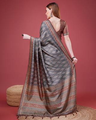 Grey Ikat Silk Self Design With Golden Border Saree For Women With Blouse Piece 3