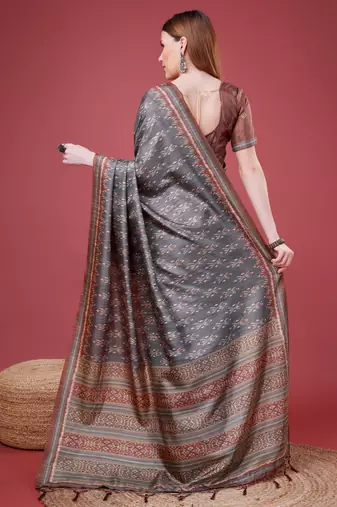 Grey Ikat Silk Self Design With Golden Border Saree For Women With Blouse Piece