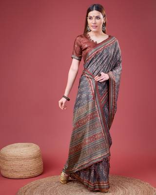 Grey Ikat Silk Self Design With Golden Border Saree For Women With Blouse Piece 4