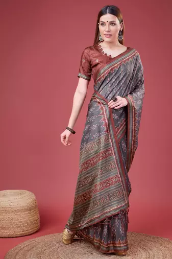 Grey Ikat Silk Self Design With Golden Border Saree For Women With Blouse Piece