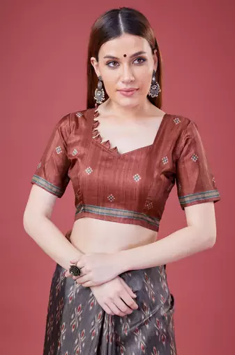 Grey Ikat Silk Self Design With Golden Border Saree For Women With Blouse Piece