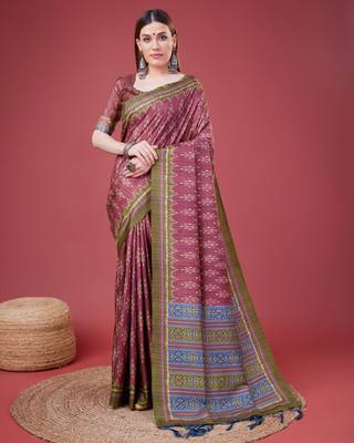 Pink Ikat Silk Self Design With Golden Border Saree For Women With Blouse Piece 1