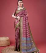 Pink Ikat Silk Self Design With Golden Border Saree For Women With Blouse Piece