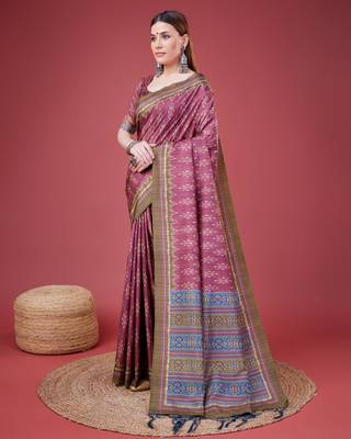 Pink Ikat Silk Self Design With Golden Border Saree For Women With Blouse Piece 2