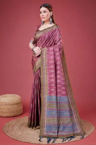 Pink Ikat Silk Self Design With Golden Border Saree For Women With Blouse Piece