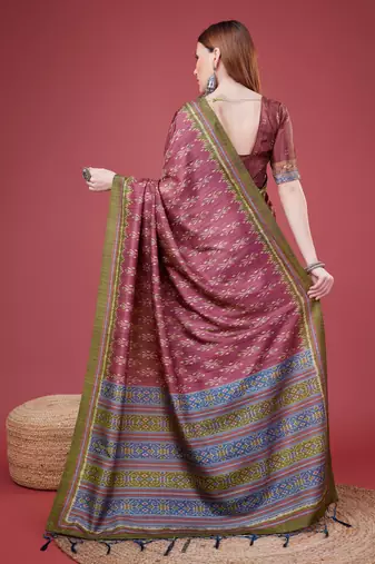 Pink Ikat Silk Self Design With Golden Border Saree For Women With Blouse Piece