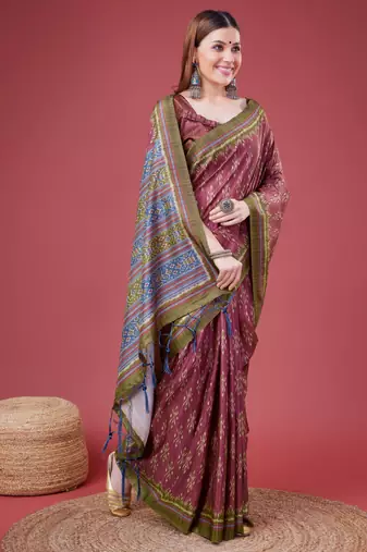 Pink Ikat Silk Self Design With Golden Border Saree For Women With Blouse Piece