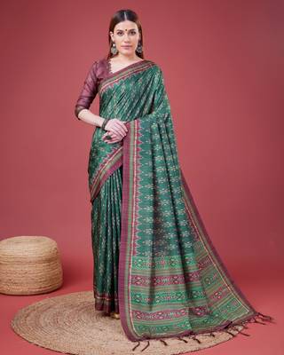 Green Ikat Silk Self Design With Golden Border Saree For Women With Blouse Piece 1
