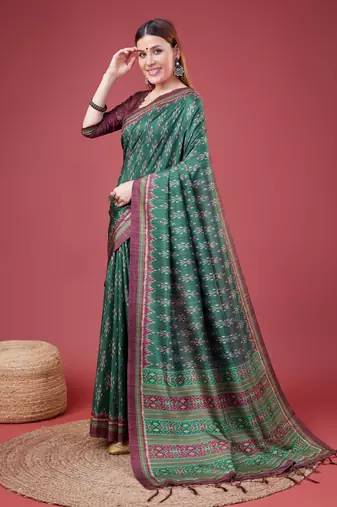 Green Ikat Silk Self Design With Golden Border Saree For Women With Blouse Piece