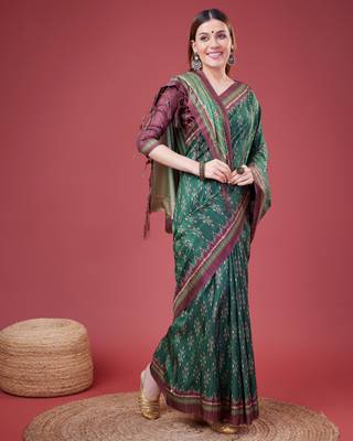 Green Ikat Silk Self Design With Golden Border Saree For Women With Blouse Piece 3