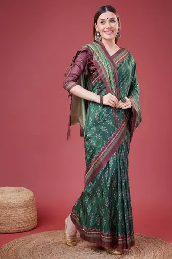 Green Ikat Silk Self Design With Golden Border Saree For Women With Blouse Piece