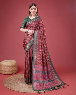 Maroon Ikat Silk Self Design With Golden Border Saree For Women With Blouse Piece 1